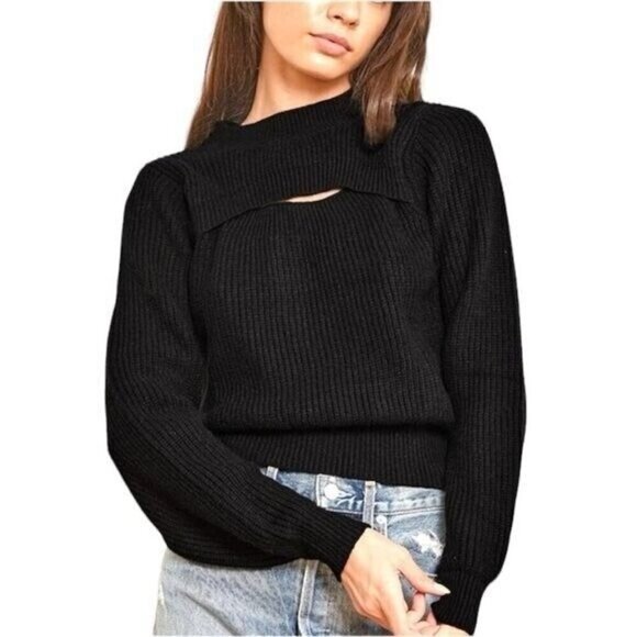 LuLus Black Acrylic Long Puffed Sleeve Cut Out Pullover Sweater Size XS - Picture 1 of 9